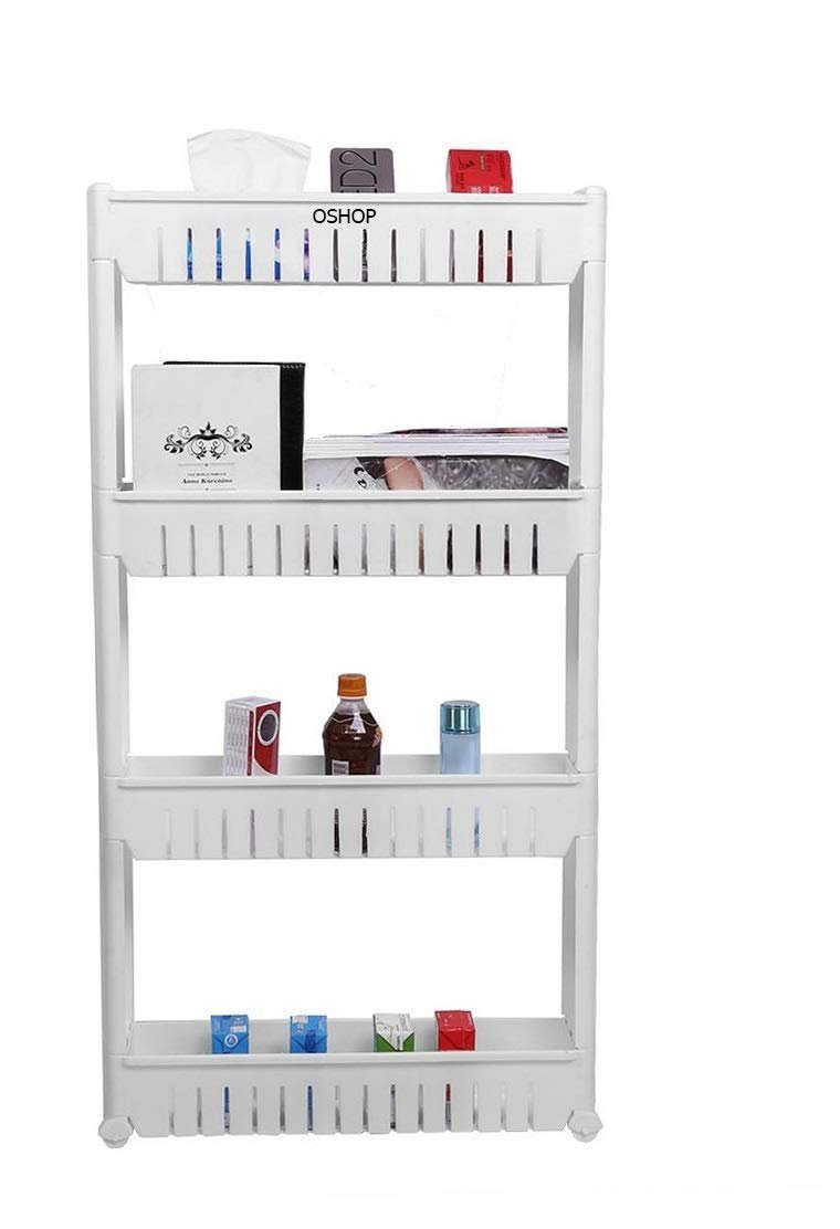 4 Layer White Storage Organizer Slim Rack Shelf with Wheel, Plastic - Image 2