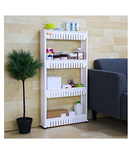 4 Layer White Storage Organizer Slim Rack Shelf with Wheel, Plastic