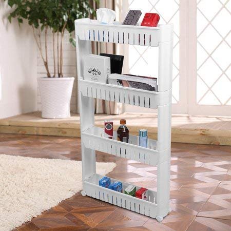 4 Layer White Storage Organizer Slim Rack Shelf with Wheel, Plastic - Image 4